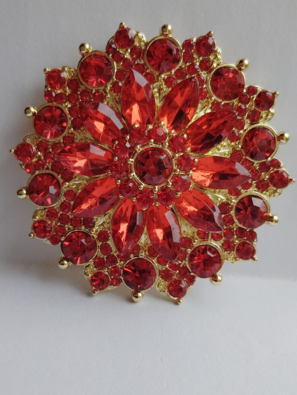 New Bright Red Sparkling Crystal Floral Statement Brooch Layered 2"